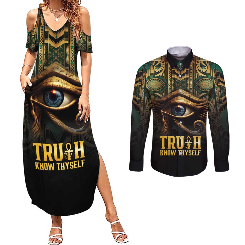 Egypt Eye of Horus Couples Matching Summer Maxi Dress and Long Sleeve Button Shirt Truth Know Thyself