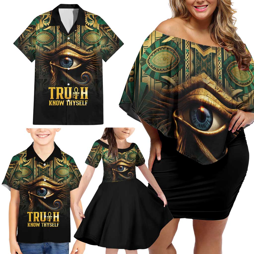 Egypt Eye of Horus Family Matching Off Shoulder Short Dress and Hawaiian Shirt Truth Know Thyself