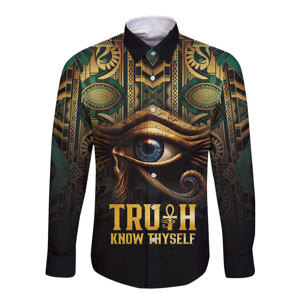 Green and black long-sleeve button shirt with Eye of Horus graphic, 'TRUTH' text