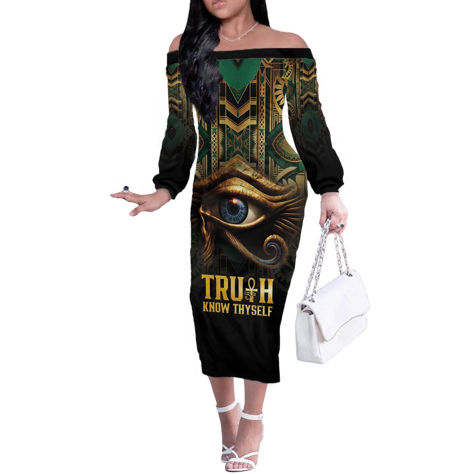 Egypt Eye of Horus Off The Shoulder Long Sleeve Dress Truth Know Thyself