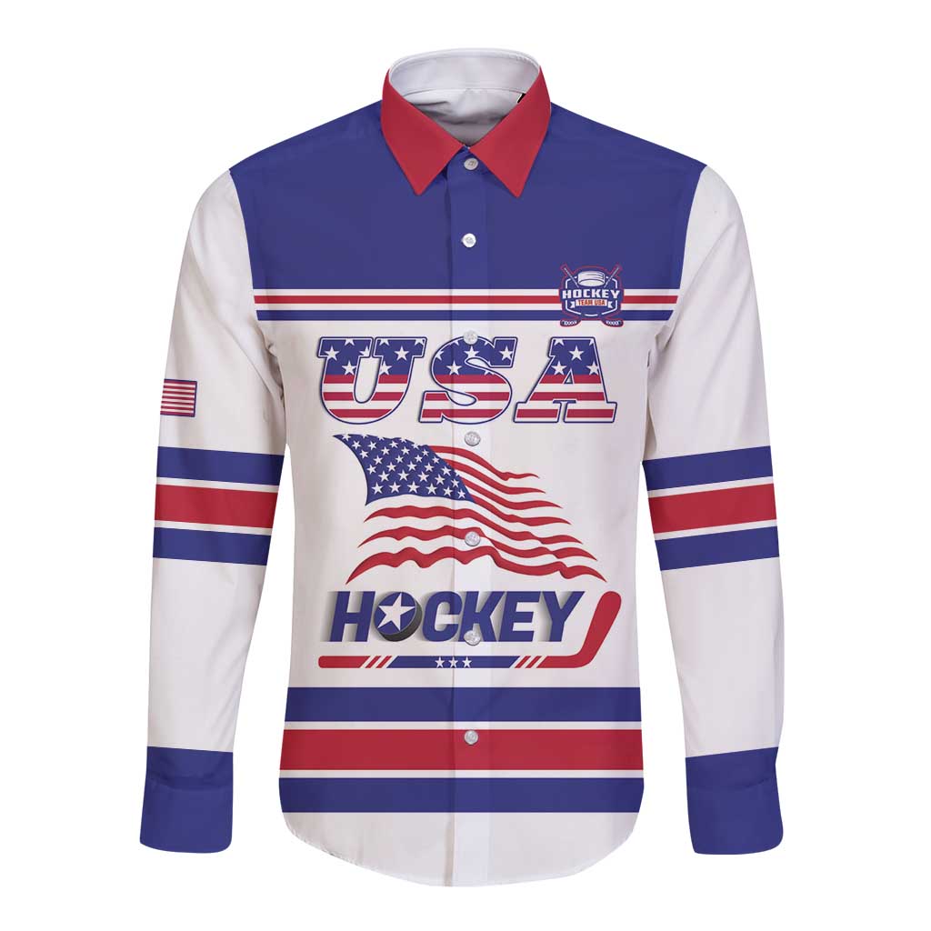 Custom USA Ice Hockey Long Sleeve Button Shirt Old Glory On Ice