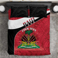 Haiti flag bedding set with red and black duvet, white stripe, emblem, and “YOUR TEXT”