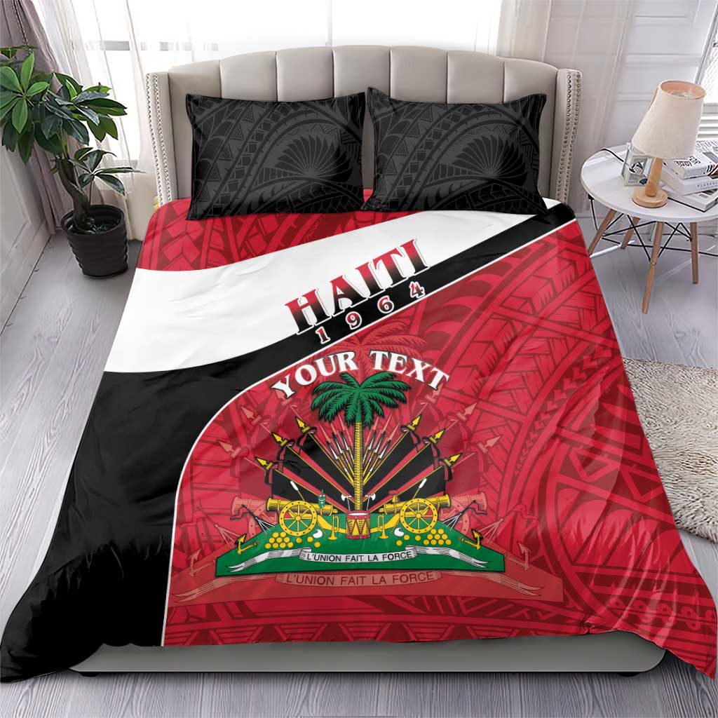 Haiti flag bedding set with red and black duvet and matching pillows, emblem and “YOUR TEXT”