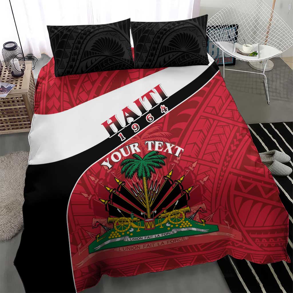 Haiti flag bedding set with red duvet, black accents, white stripe, emblem, and “YOUR TEXT”