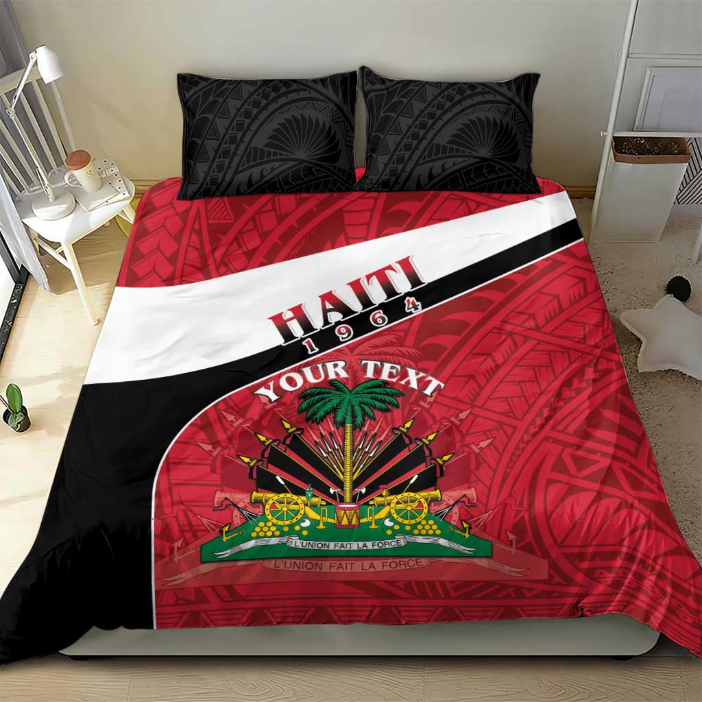 Haiti flag bedding set with red and black duvet, white band, emblem, and pillows