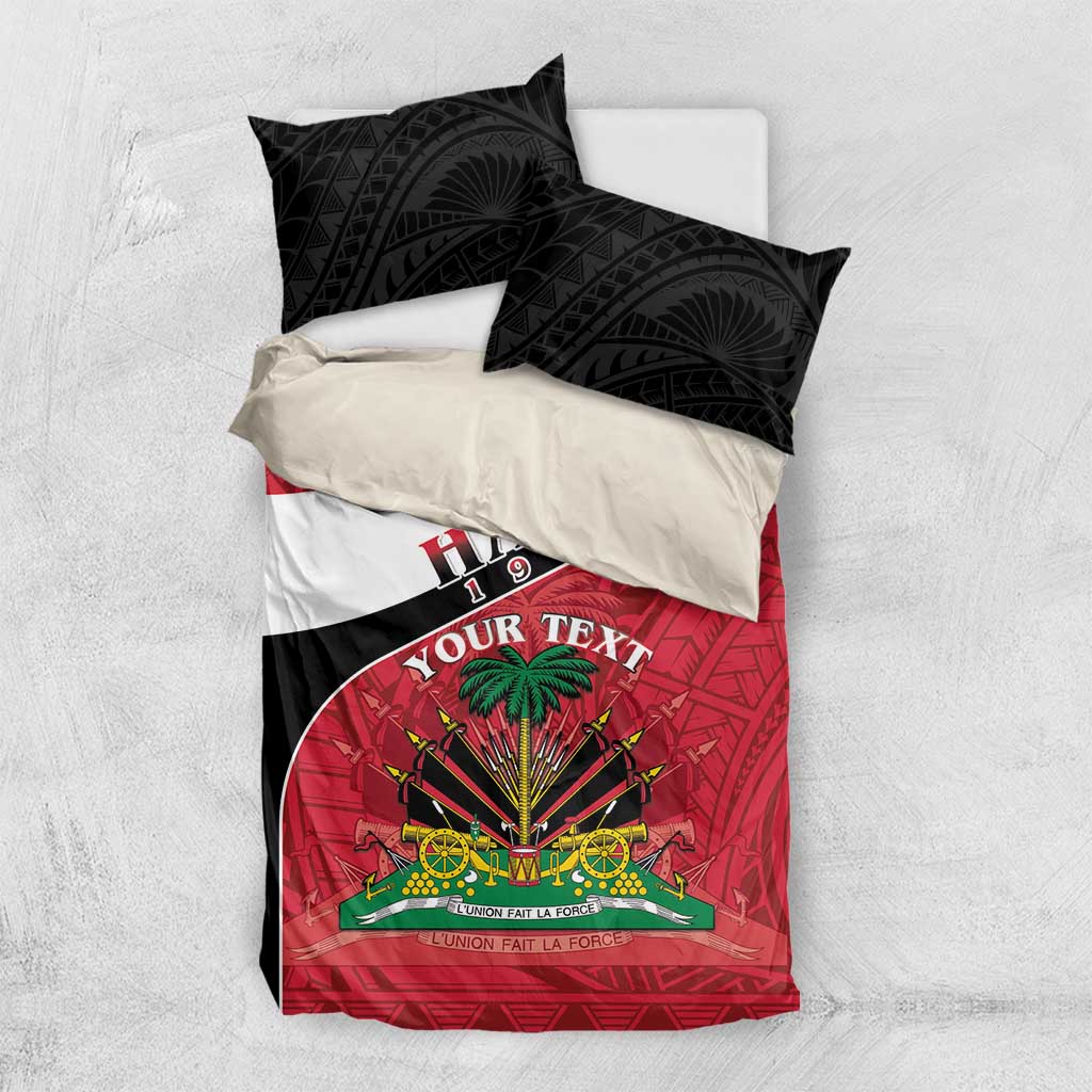 Haiti flag bedding set with red duvet and dark pillows, emblem graphic and “YOUR TEXT”