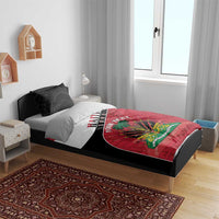 Haiti flag bedding set on bed with red duvet, black side, white stripe, emblem and “YOUR TEXT”