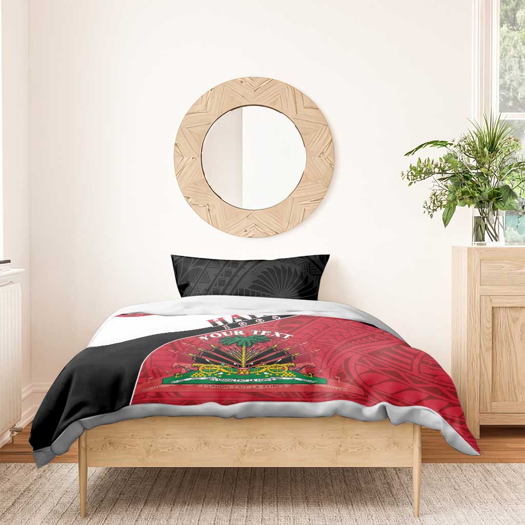 Haiti flag bedding set with red duvet and dark pillows, white stripe, emblem, and “YOUR TEXT”