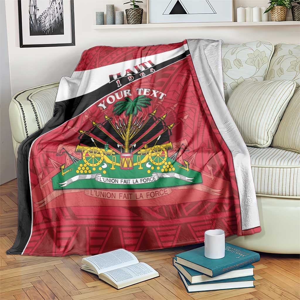 Red Haiti flag-style blanket with white and black stripe and central coat of arms