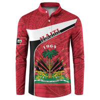 Red button sweatshirt with Haiti 1964 crest, flag graphic stripe, and long sleeves