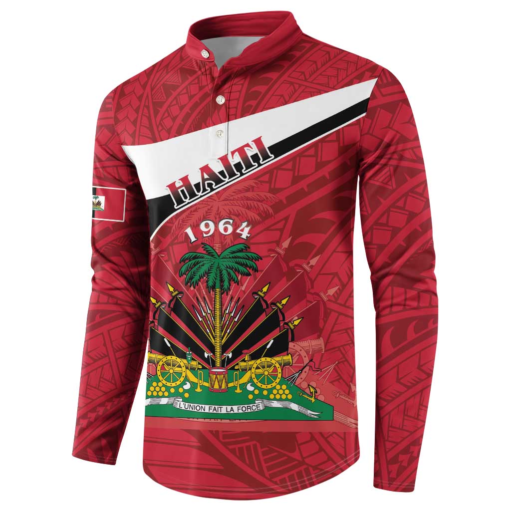 Red button sweatshirt showing Haiti 1964 crest and flag graphic across the front