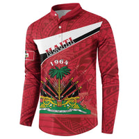 Red button sweatshirt showing Haiti 1964 crest and flag graphic across the front