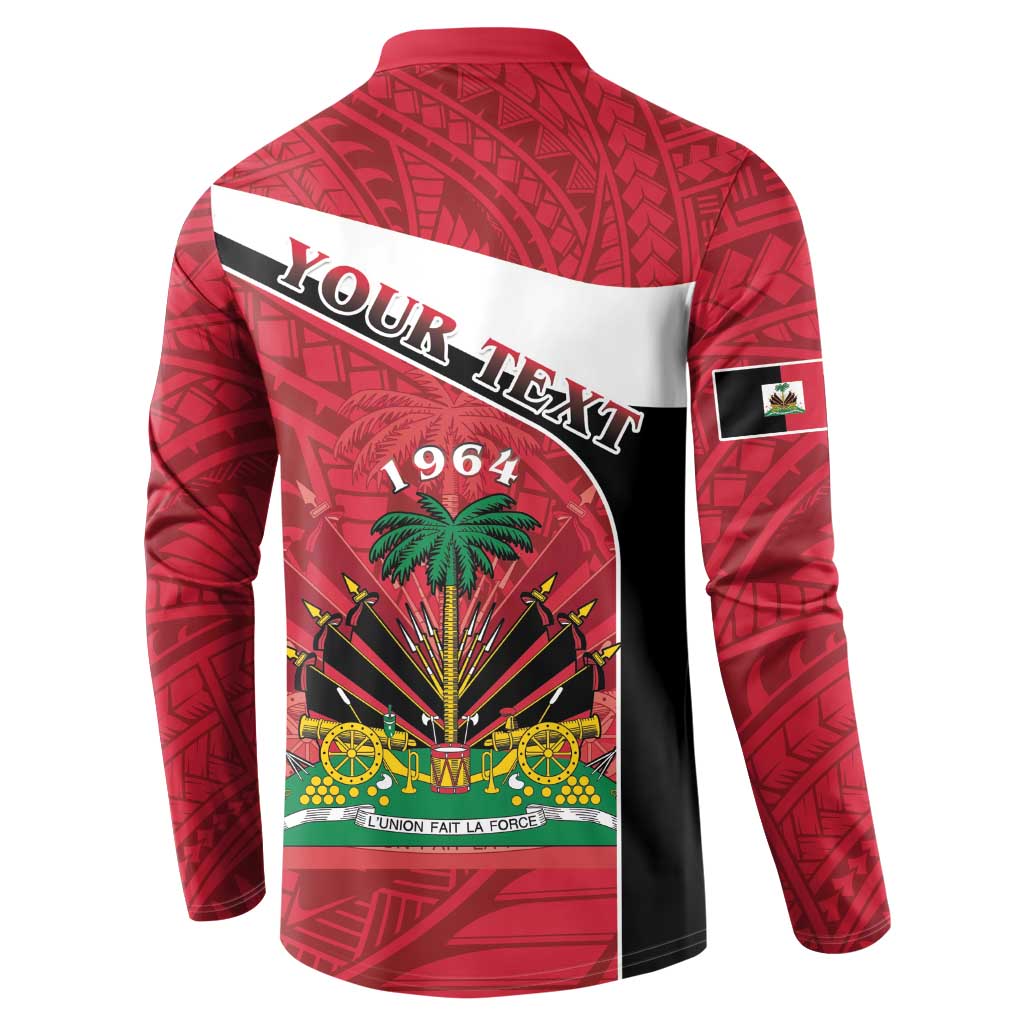 Red button sweatshirt with back print: Your Text, Haiti 1964 crest, long sleeves