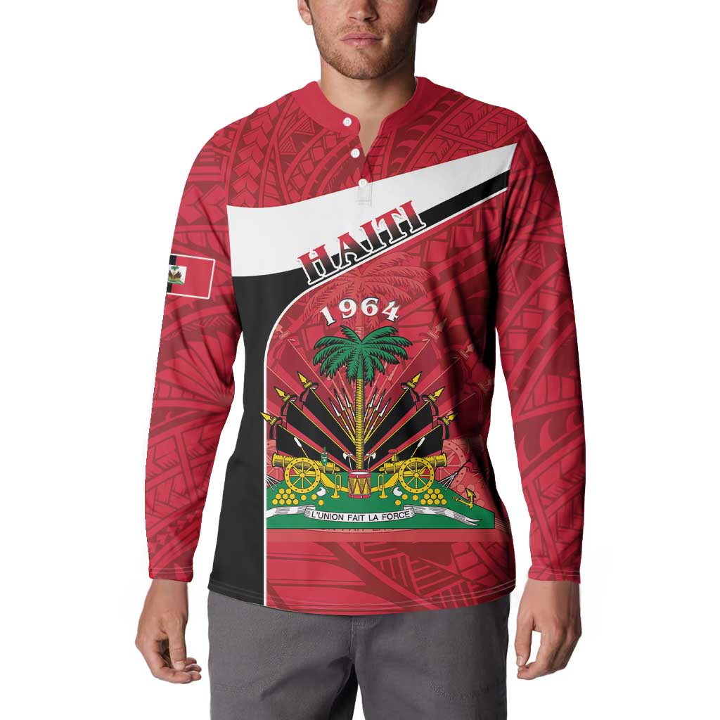 Red button sweatshirt worn by a man, with Haiti 1964 crest front graphic and collar
