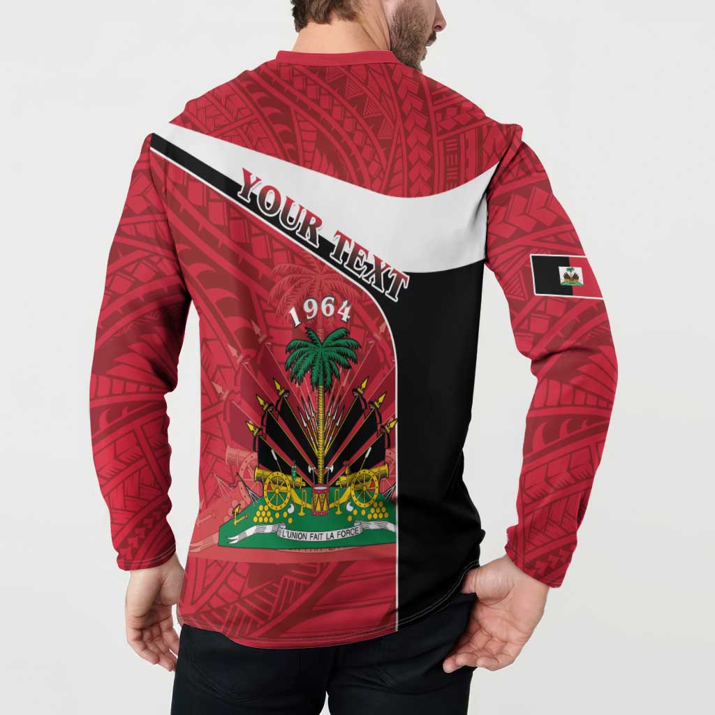 Red button sweatshirt worn from behind, showing Your Text and Haiti 1964 crest graphic