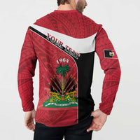 Red button sweatshirt worn from behind, showing Your Text and Haiti 1964 crest graphic