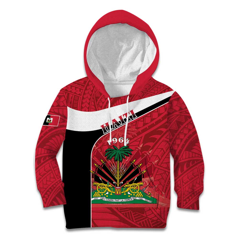Kids red pullover hoodie with Haiti 1964 crest graphic and black side panel