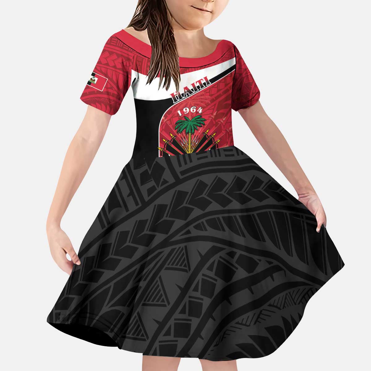 Personalized Haiti Kid Short Sleeve Dress Flag 1964 Coat Of Arms - Polynesian Style - Wonder Print Shop