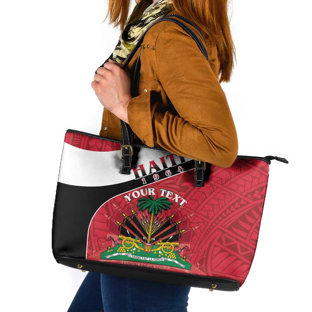 Personalized Haiti Leather Tote Bag Flag 1964 Coat Of Arms - Polynesian Style - Wonder Print Shop