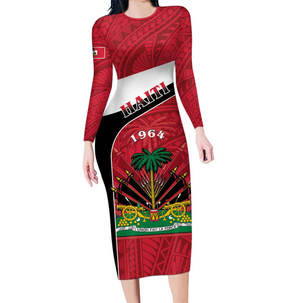 Personalized Haiti Long Sleeve Bodycon Dress Flag 1964 Coat Of Arms - Polynesian Style - Wonder Print Shop