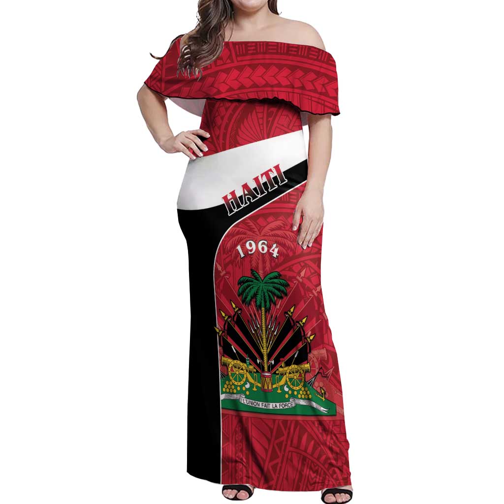 Personalized Haiti Off Shoulder Maxi Dress Flag 1964 Coat Of Arms - Polynesian Style - Wonder Print Shop