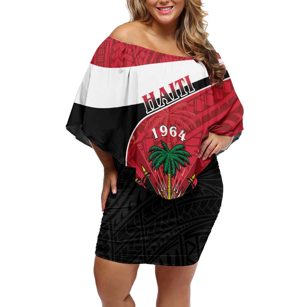 Personalized Haiti Off Shoulder Short Dress Flag 1964 Coat Of Arms - Polynesian Style - Wonder Print Shop