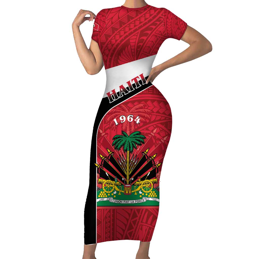 Personalized Haiti Short Sleeve Bodycon Dress Flag 1964 Coat Of Arms - Polynesian Style - Wonder Print Shop