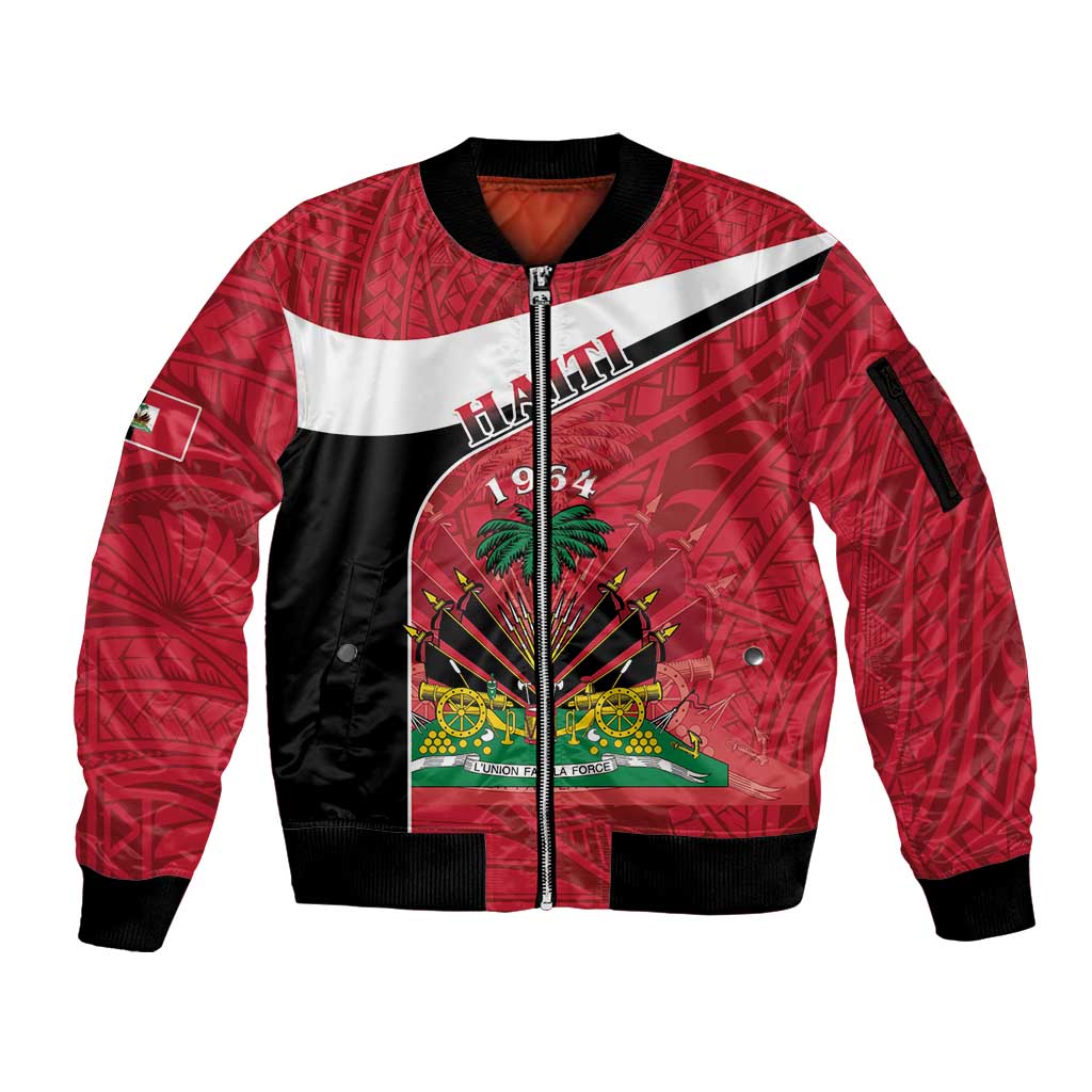 Personalized Haiti Sleeve Zip Bomber Jacket Flag 1964 Coat Of Arms - Polynesian Style - Wonder Print Shop