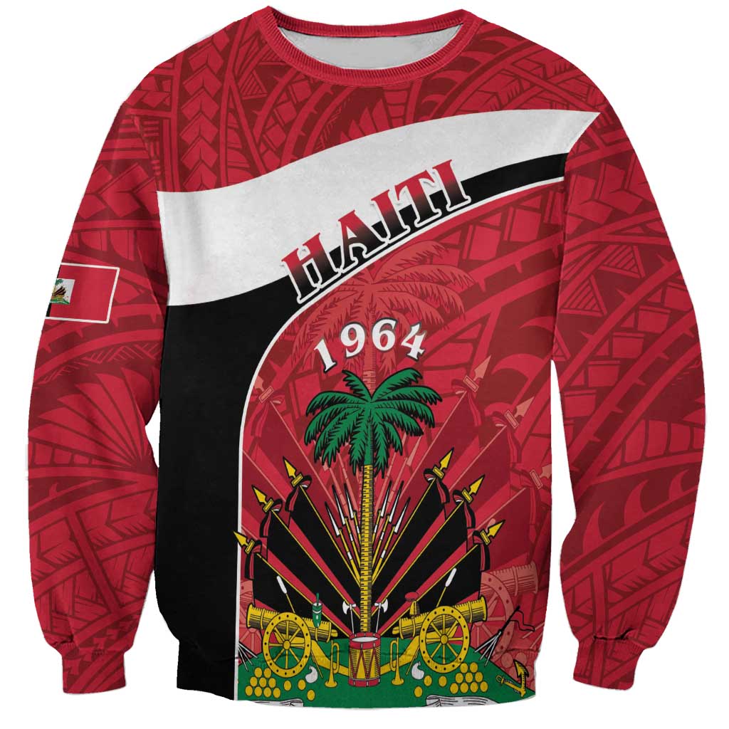 Red crewneck sweatshirt with Haiti flag crest, 1964, palm tree and cannons graphic