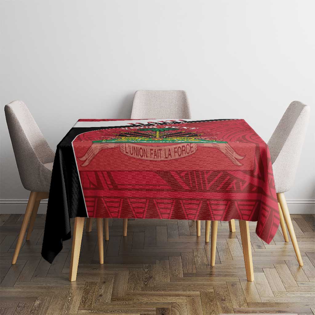 Red Haiti tablecloth with black trim and geometric pattern, centered on dining table