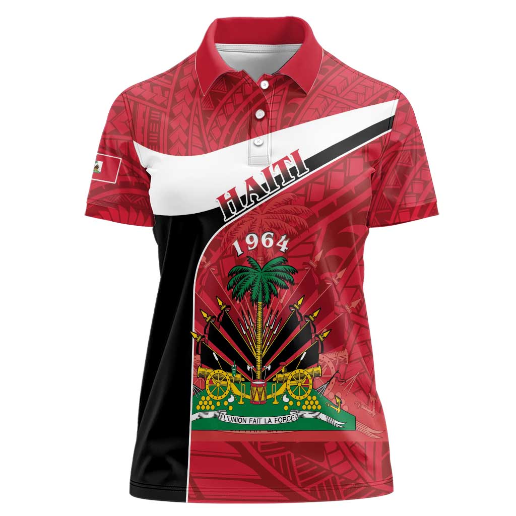 Personalized Haiti Women Polo Shirt Flag 1964 Coat Of Arms - Polynesian Style - Wonder Print Shop