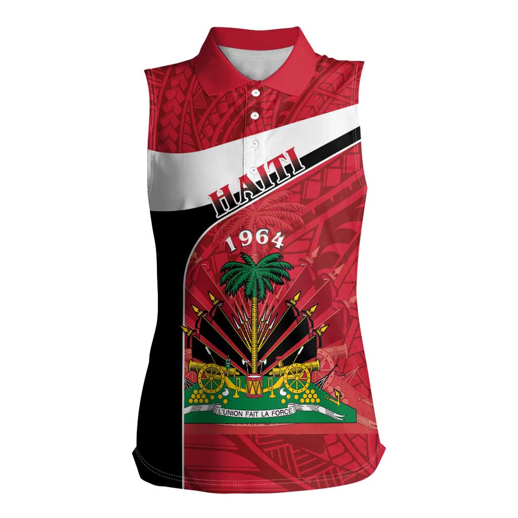 Personalized Haiti Women Sleeveless Polo Shirt Flag 1964 Coat Of Arms - Polynesian Style - Wonder Print Shop