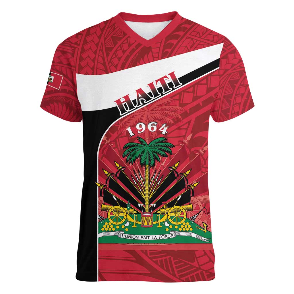 Personalized Haiti Women V-Neck T-Shirt Flag 1964 Coat Of Arms - Polynesian Style - Wonder Print Shop