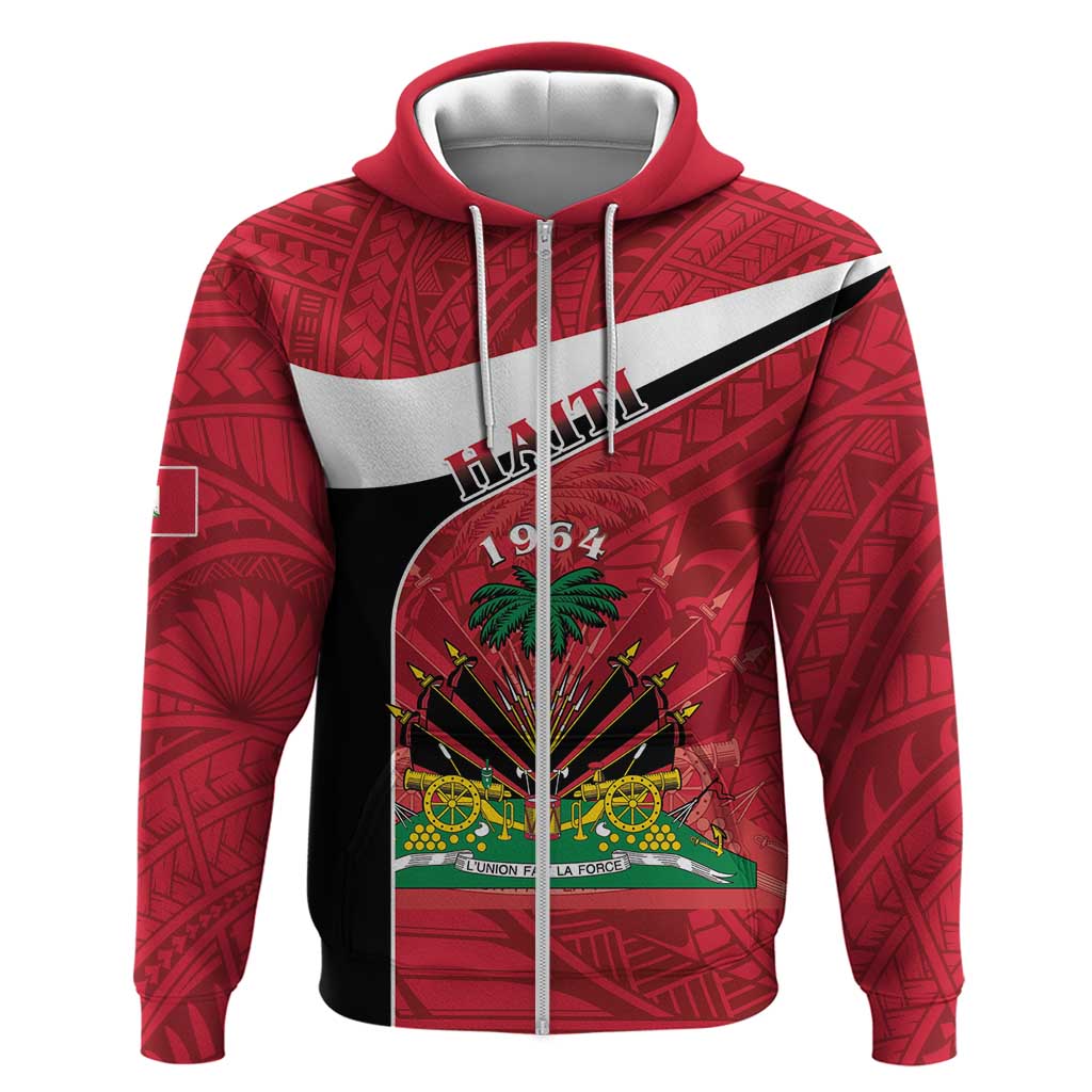 Personalized Haiti Zip Hoodie Flag 1964 Coat Of Arms - Polynesian Style - Wonder Print Shop