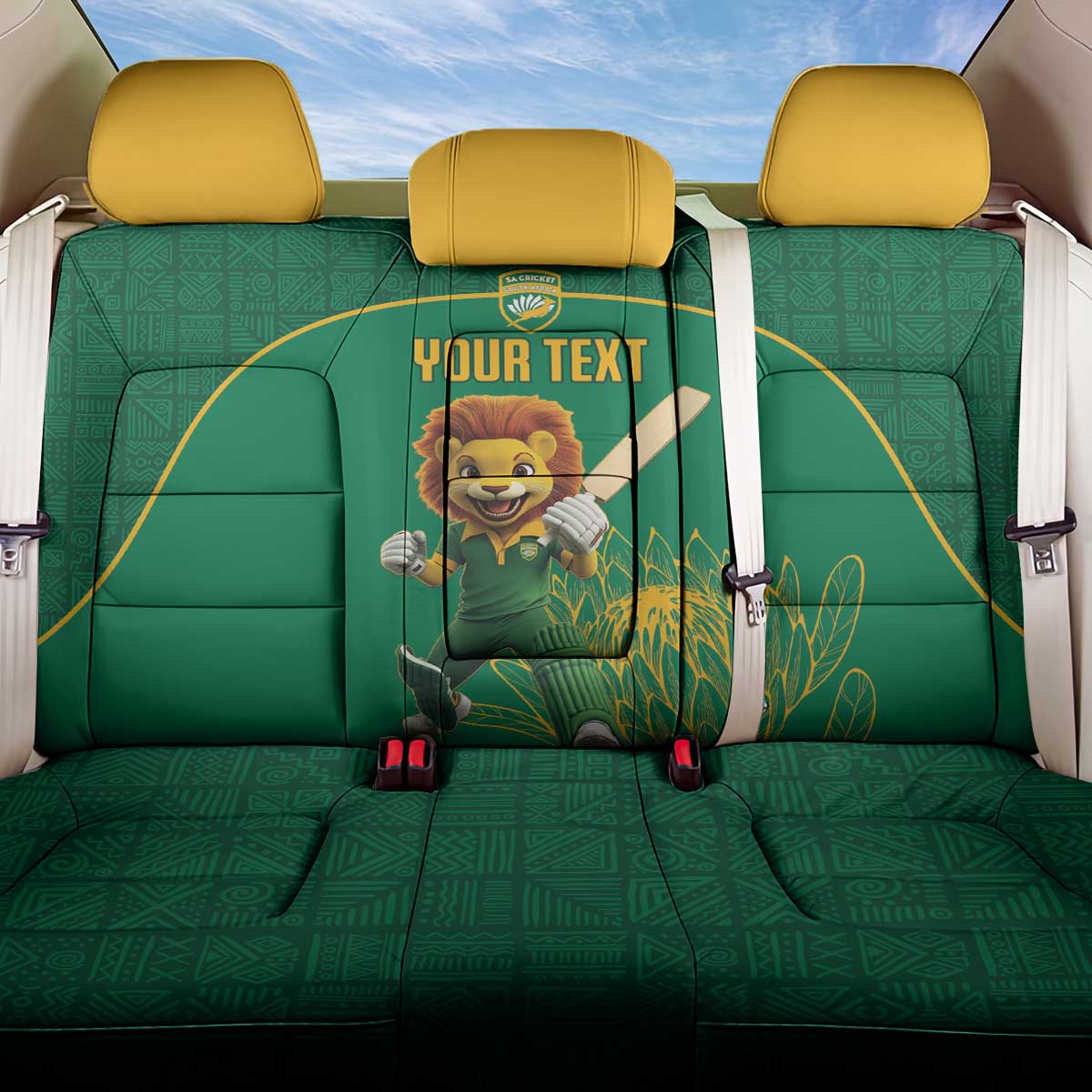 Custom South Africa Cricket Back Car Seat Cover Lion Mascot With Protea - Wonder Print Shop