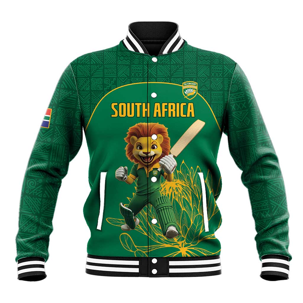 Green South Africa baseball jacket with lion mascot patch, ribbed striped collar