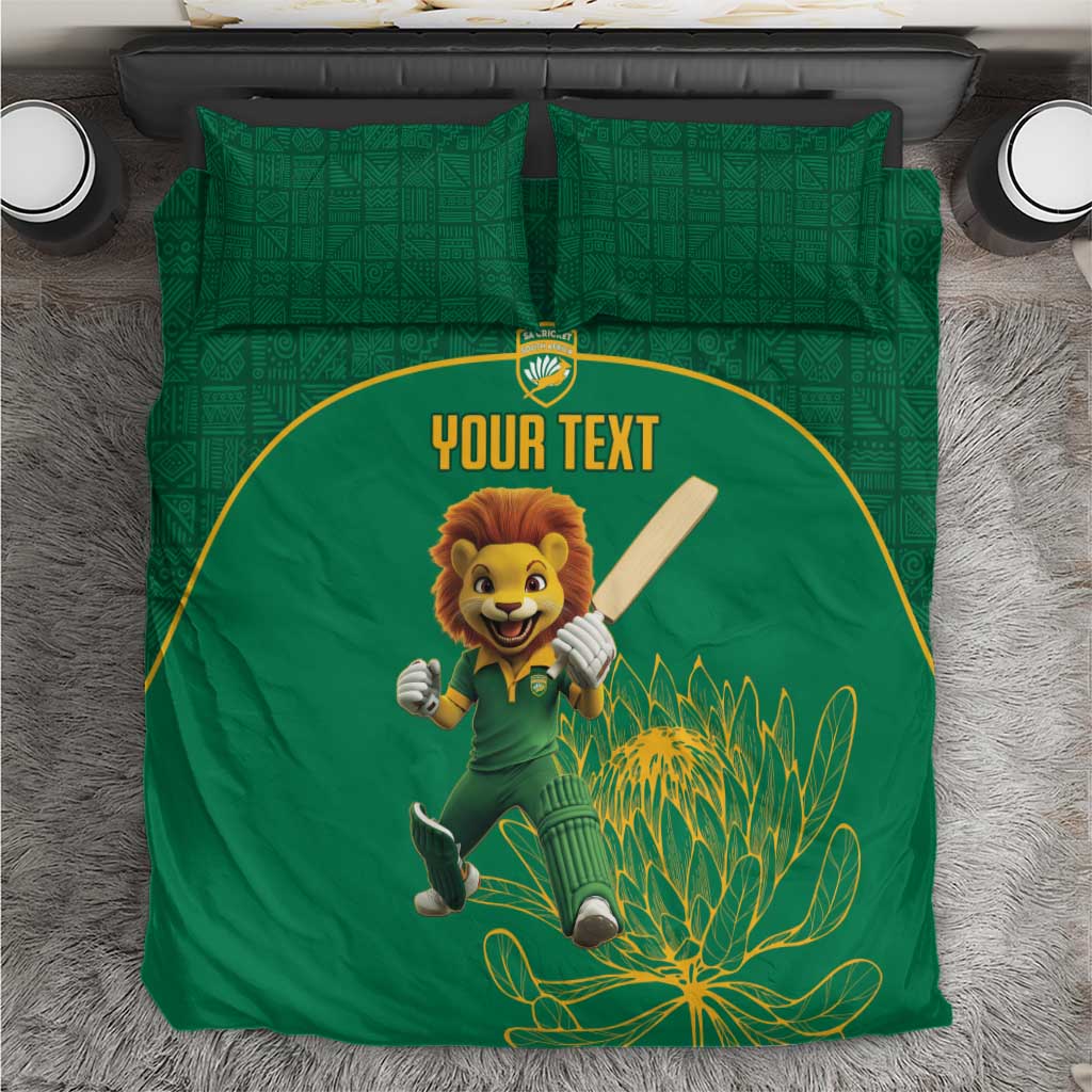 Green lion mascot cricket bedding set with “Your Text” and decorative protea leaves