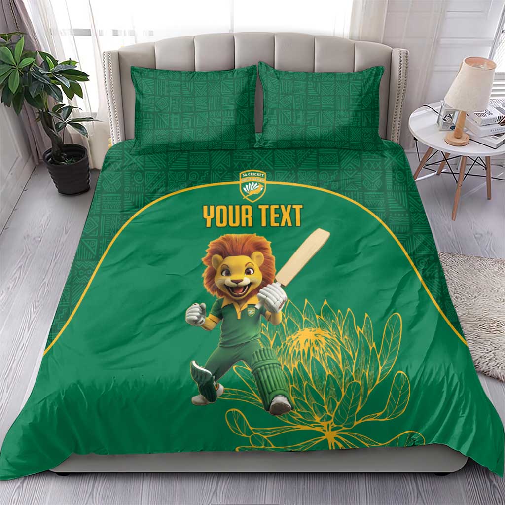 Green lion mascot duvet and pillow set with “Your Text” and gold protea leaf design
