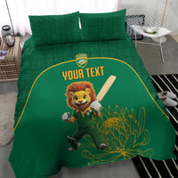 Green bedding set featuring lion mascot, “Your Text”, and protea leaf artwork