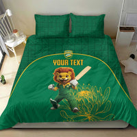 Green lion mascot bedding set with “Your Text” banner and protea leaf border