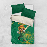Green duvet and pillow set with lion mascot, “Your Text”, and protea leaf graphics
