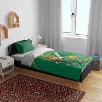 Green lion mascot duvet with “Your Text” and protea leaf print on a bed
