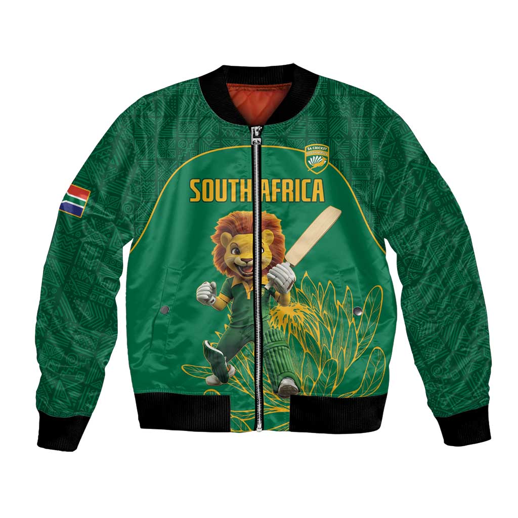 Green unisex bomber jacket with South Africa lion mascot and crest front