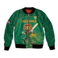 Green unisex bomber jacket with South Africa lion mascot and crest front