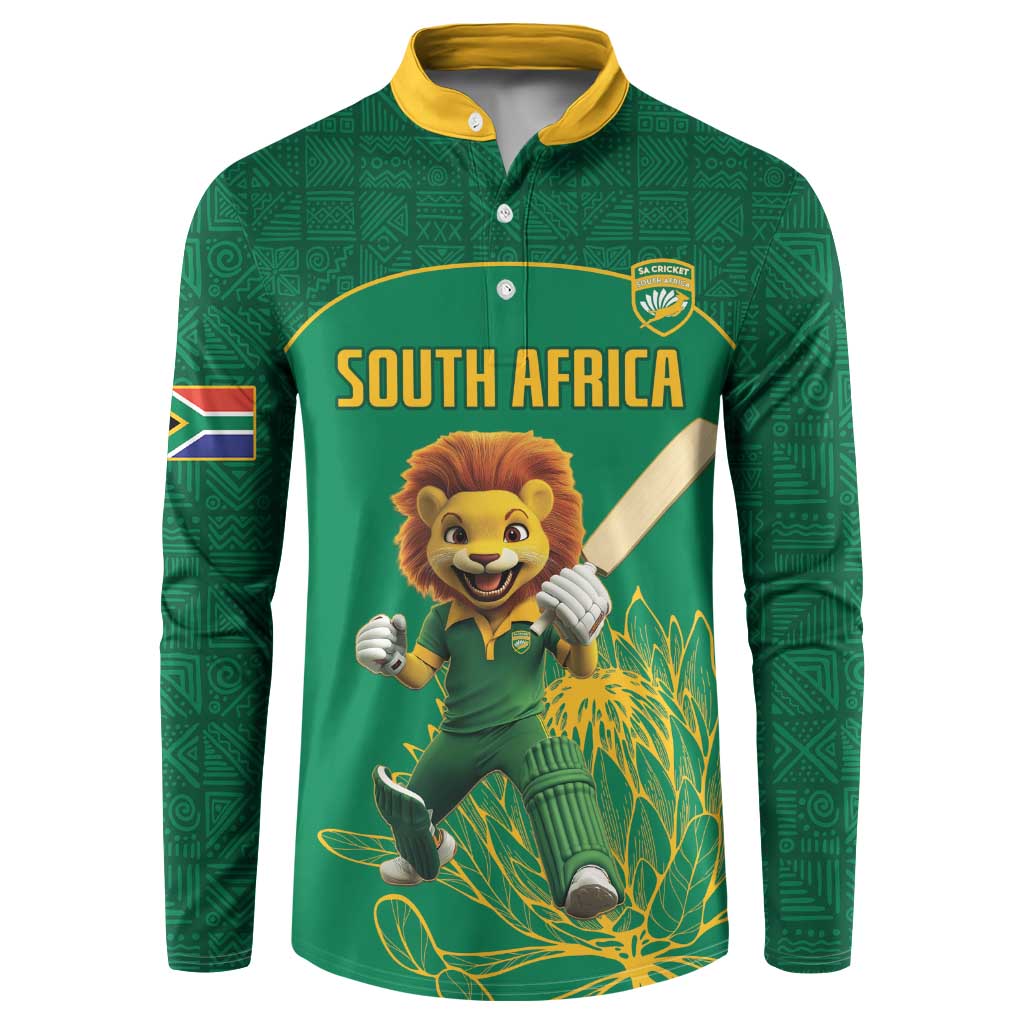 Green cricket sweatshirt with yellow South Africa text, lion mascot graphic, and flag sleeve patch.