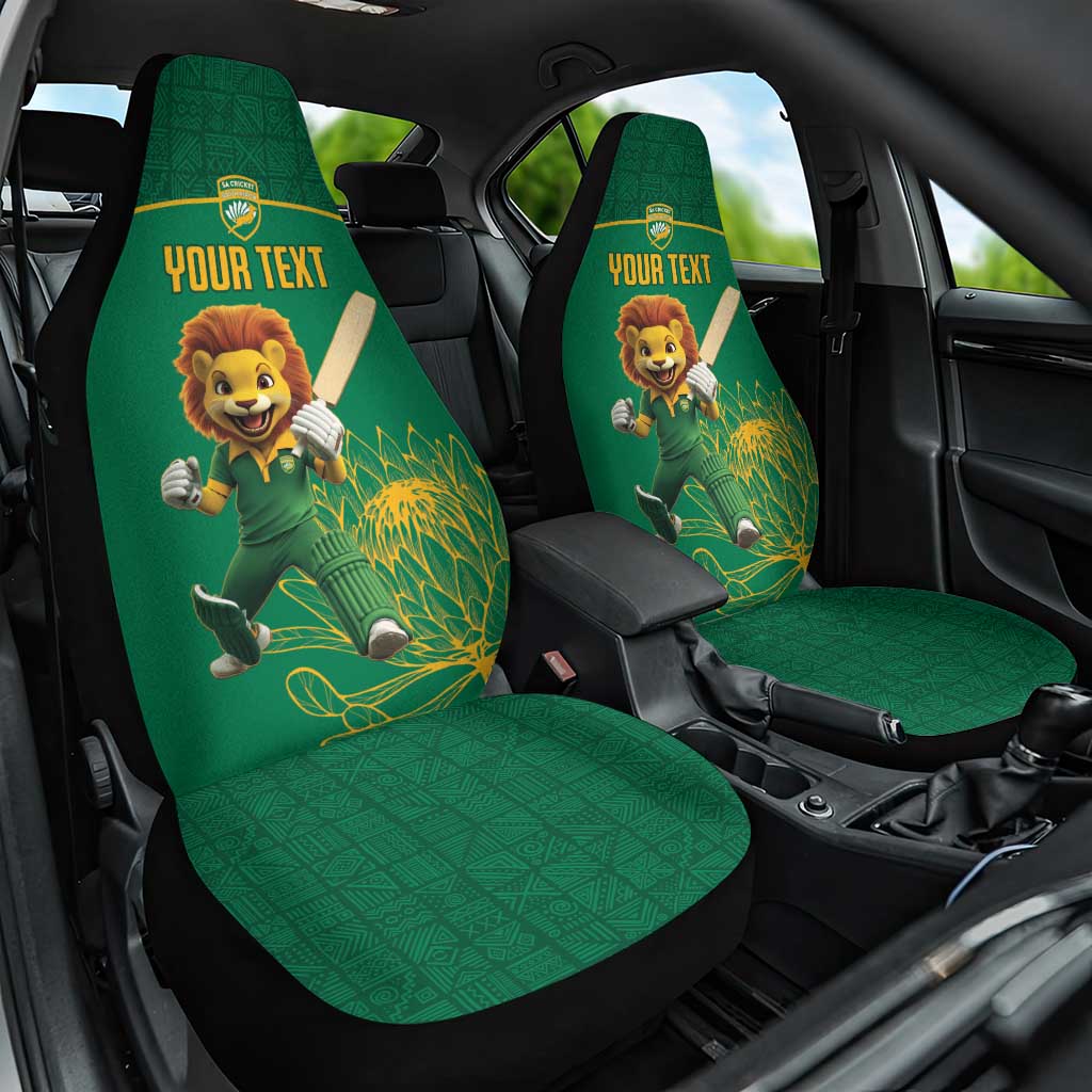 Custom South Africa Cricket Car Seat Cover Lion Mascot With Protea - Wonder Print Shop