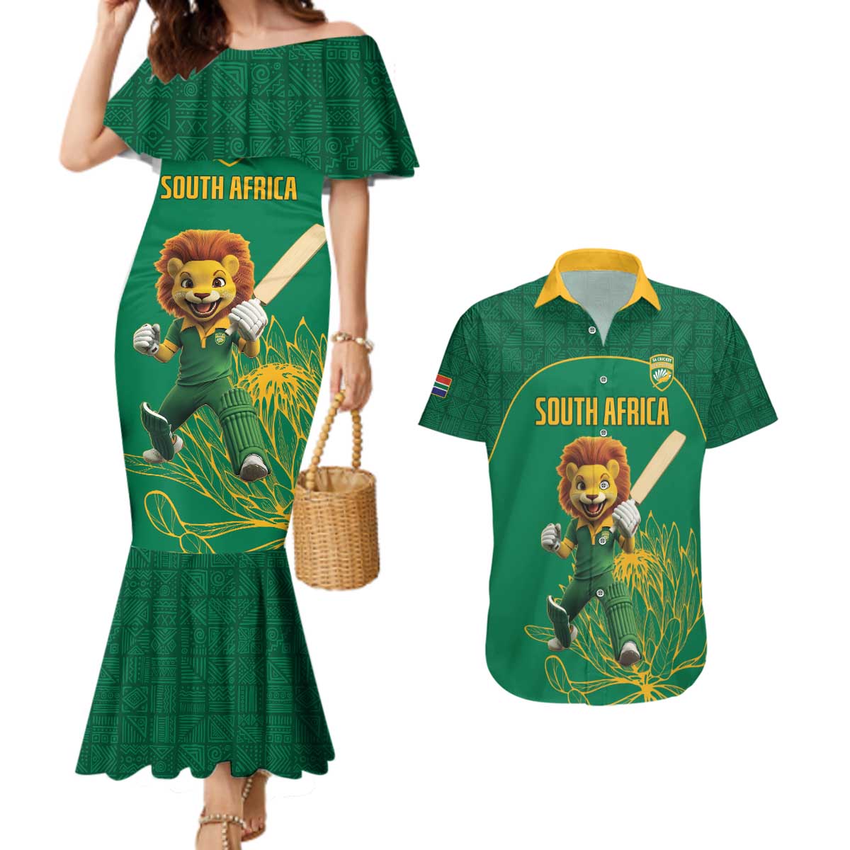 Custom South Africa Cricket Couples Matching Mermaid Dress and Hawaiian Shirt Lion Mascot With Protea - Wonder Print Shop