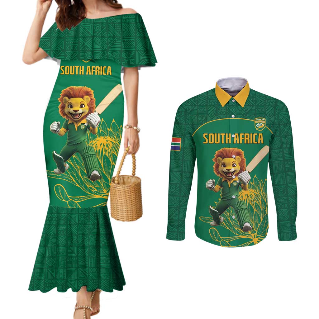 Custom South Africa Cricket Couples Matching Mermaid Dress and Long Sleeve Button Shirt Lion Mascot With Protea