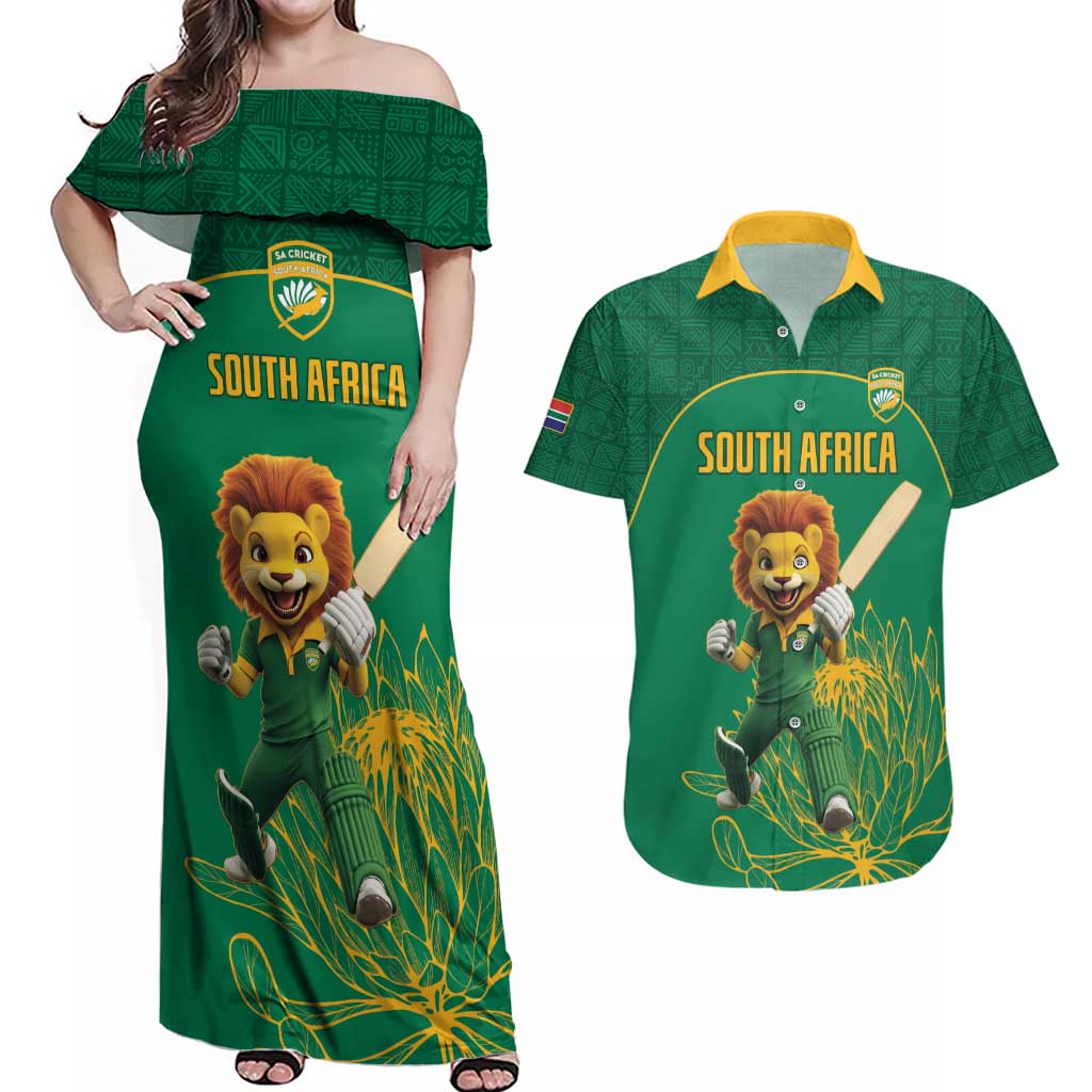 Custom South Africa Cricket Couples Matching Off Shoulder Maxi Dress and Hawaiian Shirt Lion Mascot With Protea - Wonder Print Shop