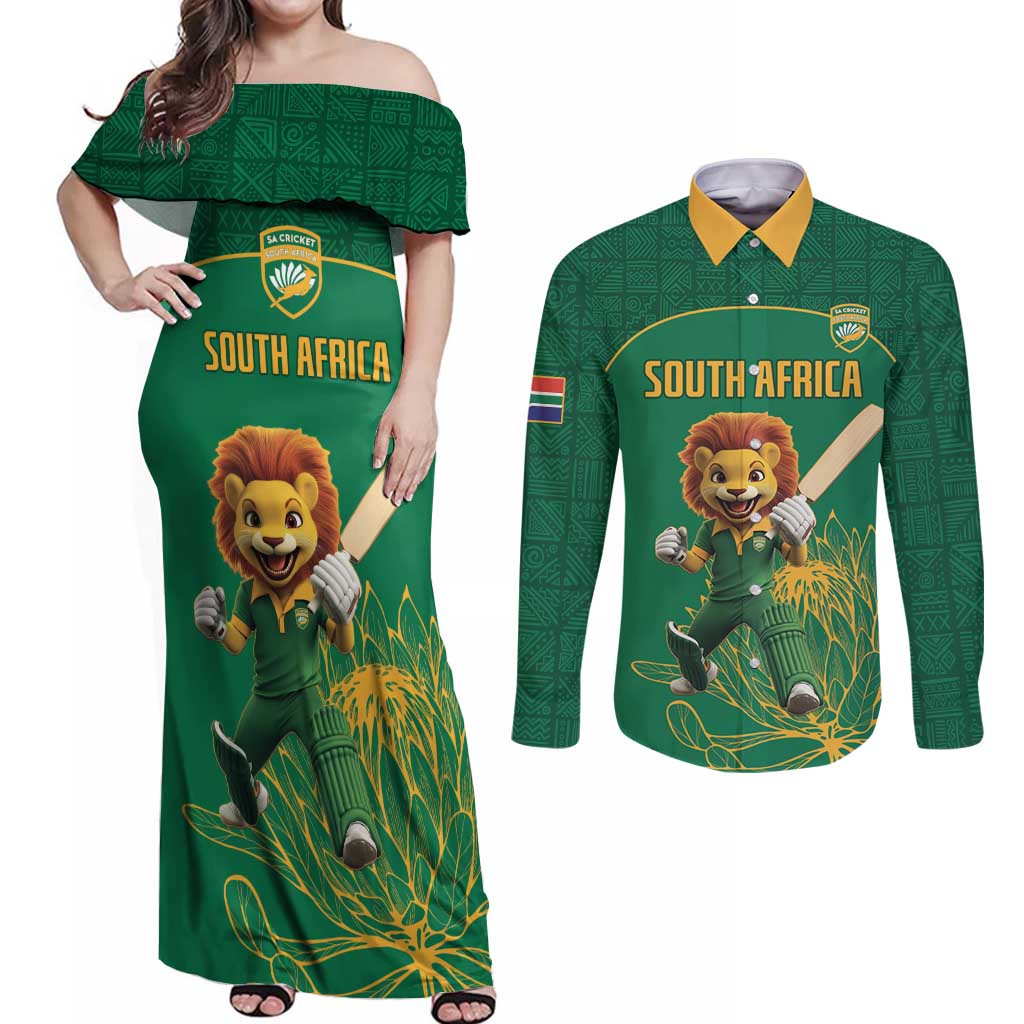 Custom South Africa Cricket Couples Matching Off Shoulder Maxi Dress and Long Sleeve Button Shirt Lion Mascot With Protea - Wonder Print Shop